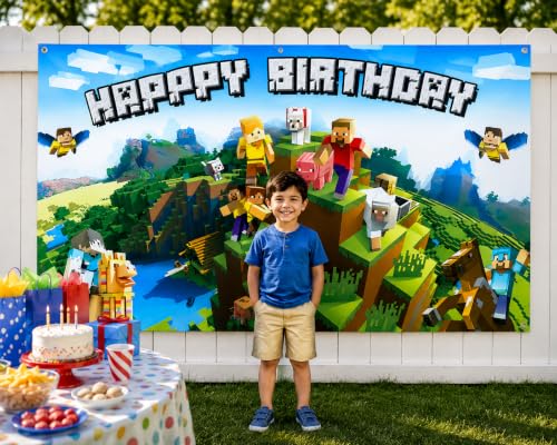 Image of Happy Birthday Banner Boy 5x3ft Birthday Sign Village Gaming Birthday Party Decorations Videogame Themed Banner Video Game Decorations Video Game Happy Birthday Backdrop for Boys