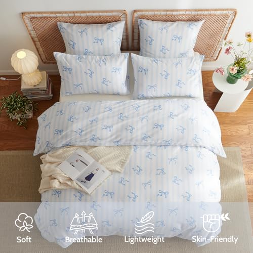 Image of Bow Duvet Cover King Size Blue Striped Bowknot Bedding Set Kids Girls Cute Bows Vertical Stripes Soft Breathable Microfiber Comforter Cover Set with Zipper Closure and 2 Pillowcases