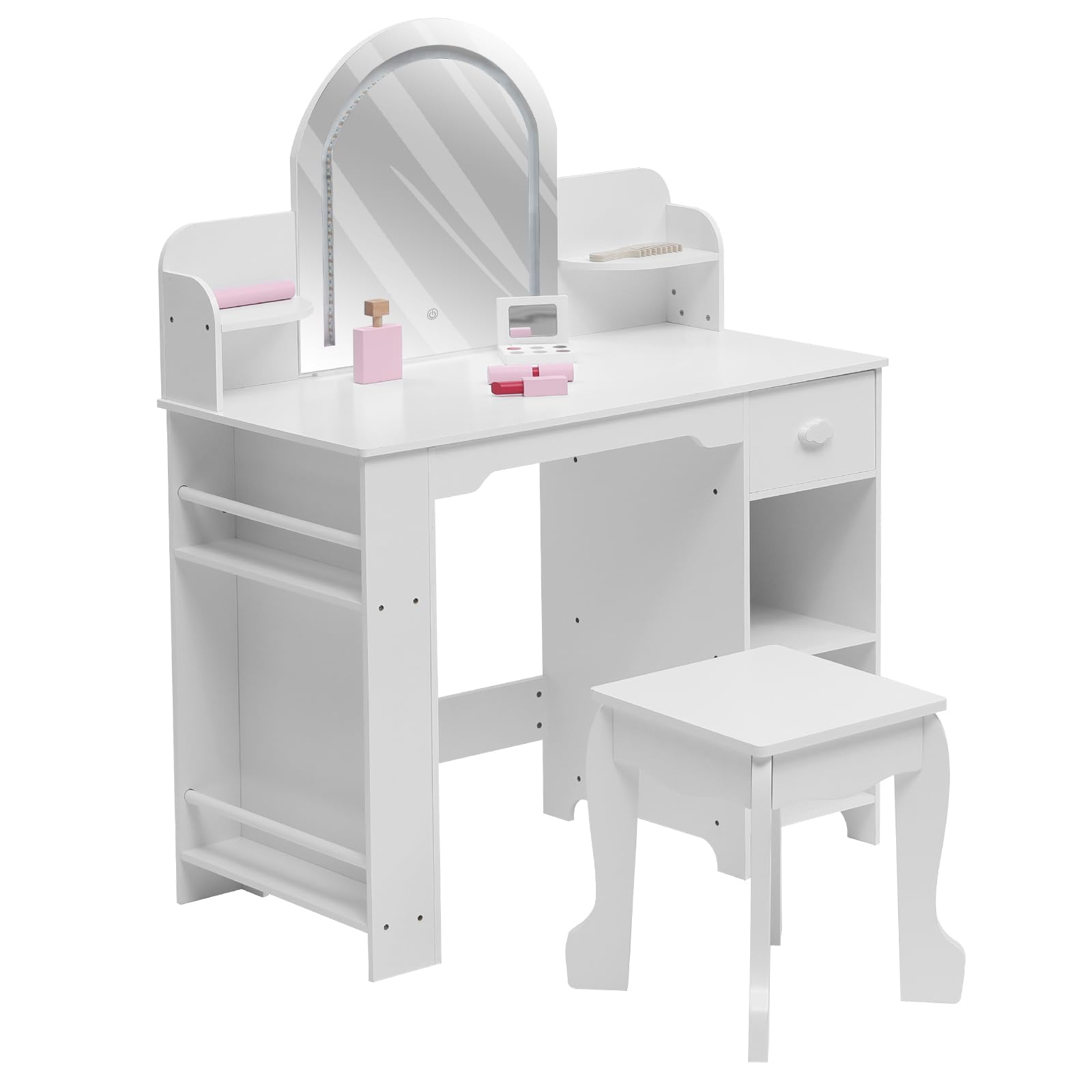 GarveeHome Kinder Schminktisch Set mit LED-Spiegel & Hocker – Holz Schminktisch für Mädchen mit Schubladen, offenen Fächern & Bücherregal – Perfekt für Kinderzimmer oder Spielzimmer – Farbe: Weiß