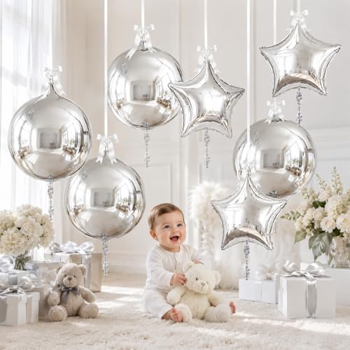 Image of 9 Pcs Silver Round Foil Balloons and Star Balloons 22 /18 4D Ball Balloon Metallic Silver Star Mylar Balloon Chrome for Graduation Birthday Wedding Anniversary New Year Disco Prom Party Decor