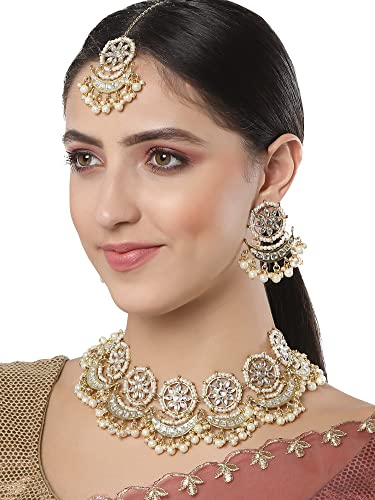 Image of Karatcart Gold Plated Pearl and Drop Kundan Studded Choker Necklace Setfor Women