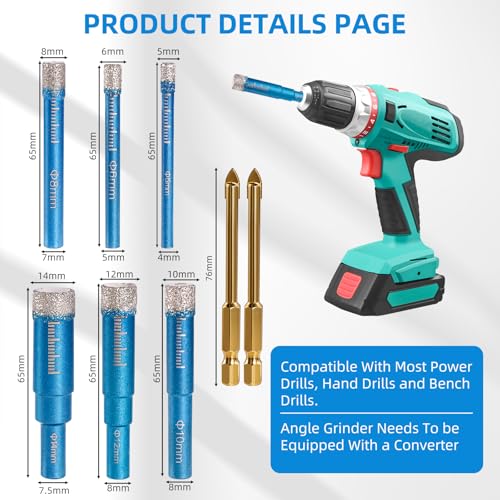 8 Stück Fliesenbohrer Glasbohrer Set, 5/6/8/10/12/14mm Diamant Fliesenbohrer Set und 2 Stück 6mm Metall Bohren, Diamantbohrer, Diamant Bohrer Fliesen für Glas, Porzellan, Keramik, Granit