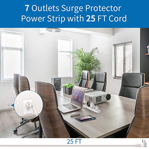 Extensión 25 ft NTONPOWER Protector contra sobretensiones, 15A Cable pesado, 7 tomas, enchufe plano para cocina, hogar y oficina, blanco, 1080 J miniatura 2