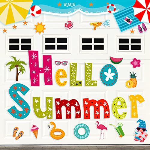 26 Pieces Summer Garage Door Decorations Magnets Hello Summer Garage Magnetic Stickers Sun Watermelon Refrigerator Car Decals Summer Season Decor Holiday Magnets for Summer Car Garage Decor