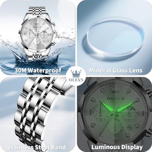 Image of OLEVS Watches for Men Stainless Steel Dress Men Watch with Date Big Face Chronograph Waterproof Luxury Fashion Watch Blue /Black /Gold /Green /Silver Face Relojes para Hombres