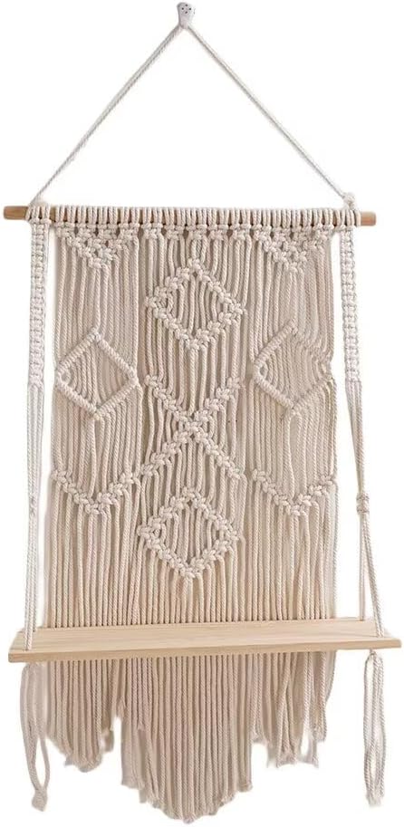Macrame Wall Hanging Shelf Boho Decor Wood Floating Shelf for Bedroom Living Room Nursery Bathroom, Handmade Woven Rope Storage Rack for Photo Frames Plant Display