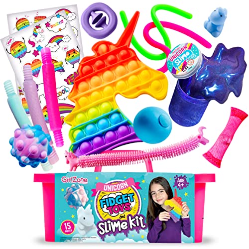 GirlZone Cadeau pour Les Filles Unicorn Fidget Slime Surprise Kit, Jouets Sensoriels avec du Slime Squishy Déjà Fait, Balle Anti-Stress ASMR, Pop It Toys Anniversaire et Sensory Fidget Toys for Kids Cover
