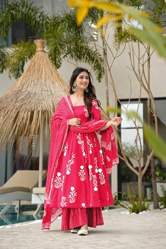 Image of ANNI Designer Women's Rayon Blend Anarkali Printed Kurta with Pant & Dupatta | Ethnic Kurta Pant Dupatta Set for Women | Traditional Indian Wear Outfit