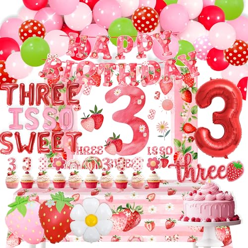Strawberry 3rd Birthday Decorations Girl Three is so sweet Party Pink 3rd Birthday Party Supplies Decorations Backdrop, TableCloth,Strawberry Balloon,Cake Topper,Balloons,Cupcake Topper