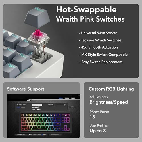 Image of TECWARE Phantom+ Elite 87 Key RGB Mechanical Gaming Keyboard | 3 Mode Wireless Bluetooth 5.0 2.4GHz & USB C Wired | Hot Swappable 5 Pin | Double Shot PBT Keycaps | Wraith Pink Switch - White