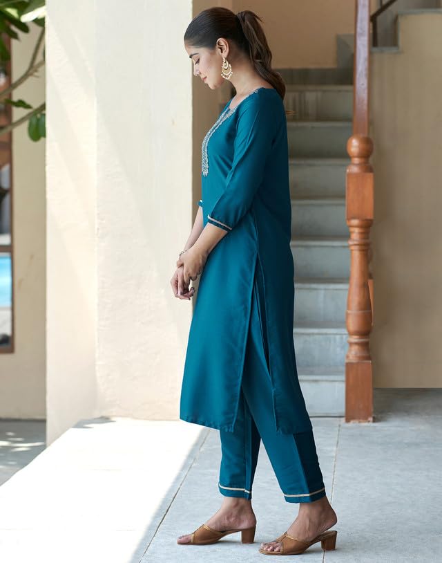 Image of SIRIL Women's Cotton Blend Suit Set for Women | Embroidery Kurta with Pant & Dupatta | Straight Kurta Set