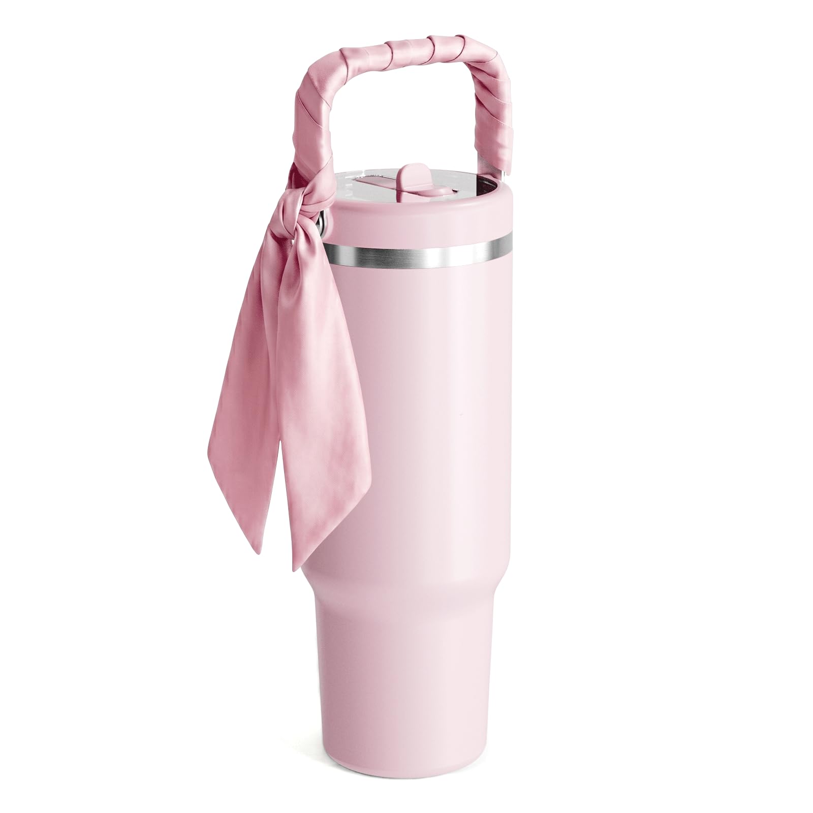 Fjbottle 40 oz Tumbler with Straw and Lid Double Wall Vacuum Insulated Stainless Steel Water Bottle Travel Mug with Handle Coffee Mug for Hot Iced Drink (Pink Silk, 1200 ml)