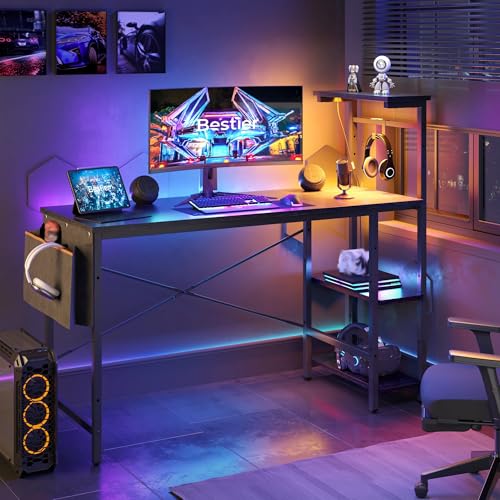 Image of Bestier Gaming Desk with LED Lights, 51.3 Inch Computer Desk with 4 Tiers Reversible Shelves, Home Office Writing Desk with Side Storage Bag, Hooks and Height Adjustable Shelf (Black Grained)