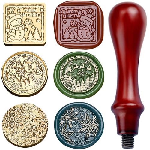 3D Vintage Christmas Wax Seal Stamp Kit - Snowflake Snowman Xmas Tree Elk Designs with 3 Copper Brass Heads and 1 Wooden Handle for Envelope & Gift Wraps