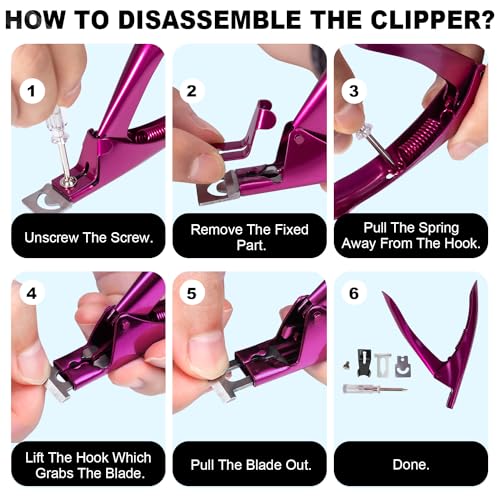 GA&EN Violet Red Premium Adjustable Nail Clippers with Magnets Sizers for Acrylic Nails, Stainless Steel Nail Cutter Trimmer for Artificial Fake False Tips Manicure Sharp Blade Clip Tool for Salon Beauty 15Pcs
