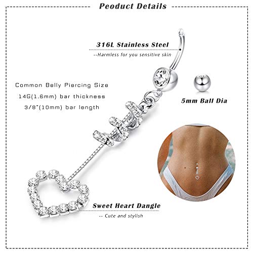 Cassieca 14G Heart Belly Button Rings For Womens Stainless Steel Dangle Belly Ring Piercing, Cute Navel Ring Barbell Body Piercing Jewelry #TOP1