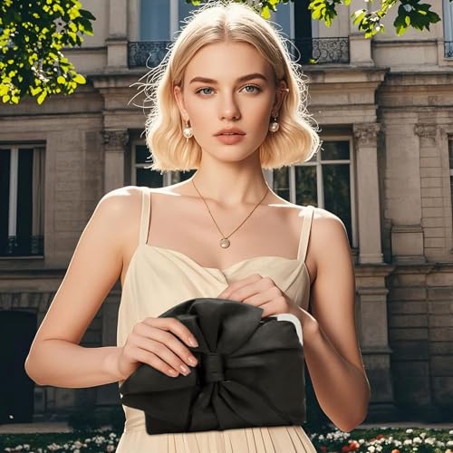 Image of Simcat Womens Clutch Bag,Pleated Satin Handbag Lady Pleated Bow Purse Evening Bag with Chain for Wedding Prom Formal Party