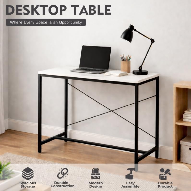 Image of Amazon Brand - Solimo Study Table for Home Office | Engineered Wood Computer Desk | Compact & Sturdy Desk for Small Spaces | White | L 90 x W 61.5 x H 75 cm