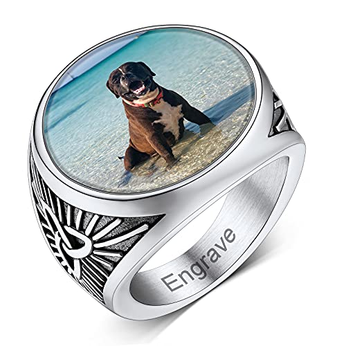 Custom4U Personalized Rings with Pictures Inside Custom Photo Ring Name Engraving Stainless Steel Signet Ring/Heart Ring Size 7-14 Customized Memorial Jewelry for Men Women (Gift Box) I-Roun