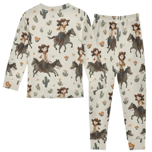 Pajama Sets Long Sleeve Cowgirl Riding Horse Pattern Soft Comfy Sleepwear 2 Piece PJS 3-8T3