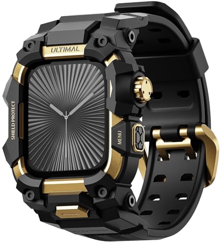 ���ɂ̊��ȃP�[�X Apple Watch 46mm�p �o���h�t�� Apple Watch Series 10�Ή� �~���^���[�O���[�h �ϏՌ��Ռ��z���J�o�[ iWatch �^�N�e�B�J���o���h �����Y (46mm �S�[���h)