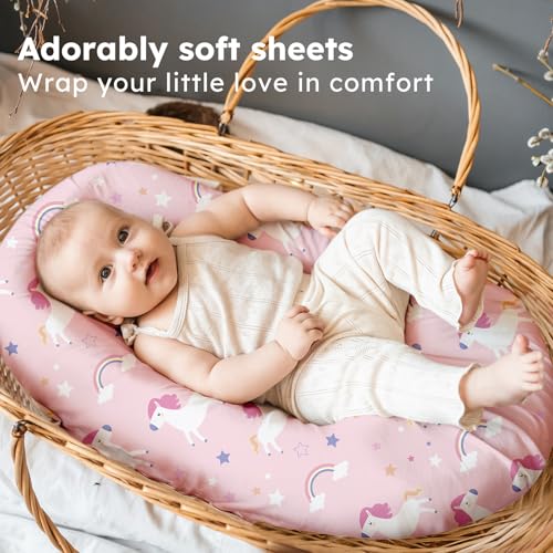 Image of Baby Bassinet Sheets, 3 Pack Fitted Bassinet Mattress Sheets, Compatible with Halo Bassinest Swivel Sleeper & Oval Hourglass Rectangle Mattress, Ultra Soft Pink Purple Rainbow