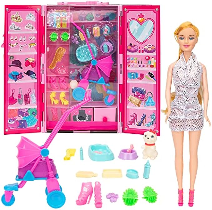 Doll Closet Wardrobe with 11.5” Fashion Doll and and Doll’s Accessories, 21pcs Including Trolley 3 Pairs of High Heel Shoes, Tote Bag and Pet Accessories etc, Gift for Girls for Christmas and Birthday