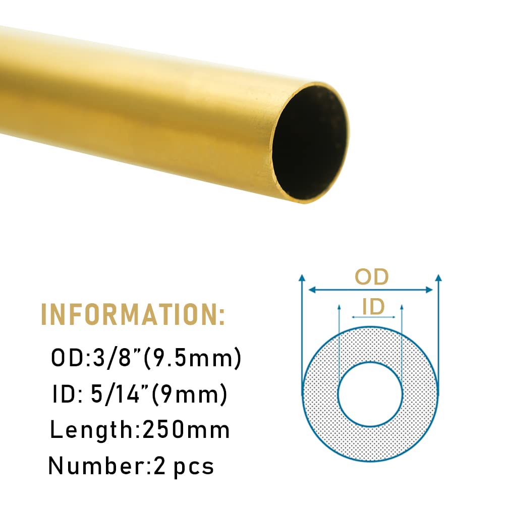 H62 3/8 cala (9,5 mm) OD rura mosiężna 0,25 mm ściana × długość 250 mm rurki mosiężne bezszwowe okrągłe rurki, 2 szt