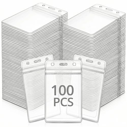 QWORK® Paquete de 100 Tarjeteros Verticales para Cordón, 115x70 mm Funda de Tarjeta de Identificación Transparente para Tamaño de Tarjeta 90x60 mm