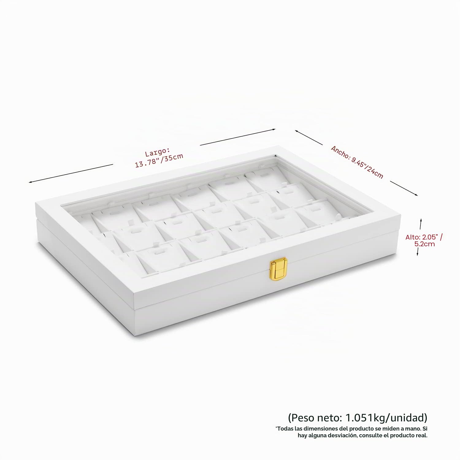 Bandeja Para Collares con 24 Compartimentos Caja de Almacenamiento de Cuero con Tapa Transparente Joyero con Cerradura para Varios Collares y Colgantes Adecuado para Mujeres y Niñas Blanco