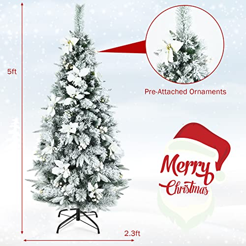 Goflame 5Ft Snow-Flocked Artificial Christmas Tree, Pre-Lit Hinged Pencil Xmas Tree W/ 339 Pine Needles, Pvc & Pe Tips, 180 Led Lights, Snowy Ornaments, Slim Festival Tree For Holiday Decoration #TOP6