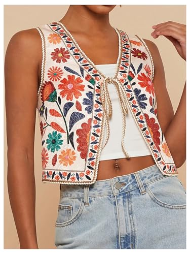 MakeMeChic Women's Floral V Neck Tank Top Sleeveless Tie Front Boho Vest4