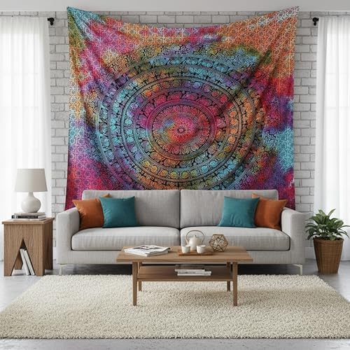 Image of Craft Trade 84x90 Inches Psychedelic Multi Cotton Mandala Ombre Wall Hanging Tapestry