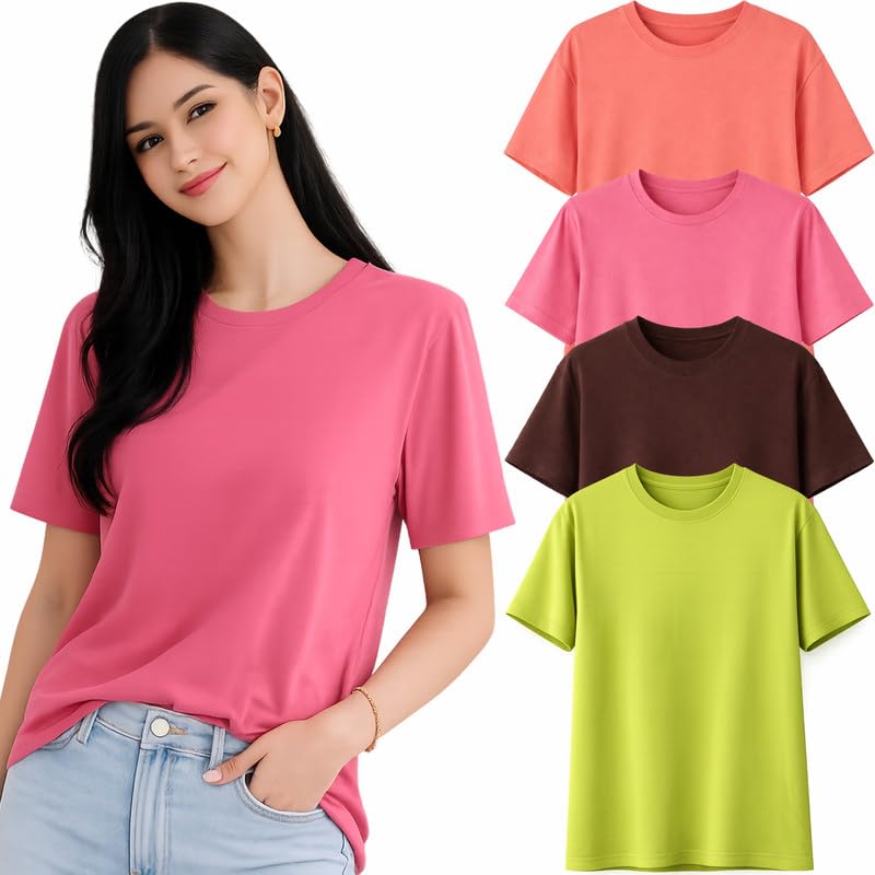 Image of London Hills Tshirt for Woman | T Shirt for Woman Cotton Casual Tops | Tshirts Shirts for Women Round Neck Short Sleeve | Women Tees Everyday Wear Basic T Shirts for Womans (Pack of 4)