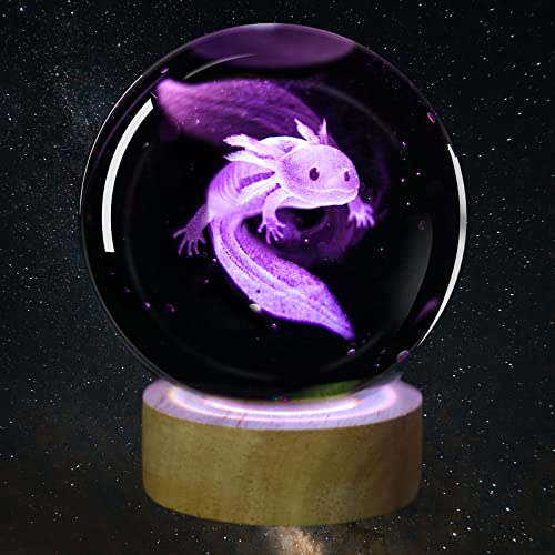 Image of 3D Axolotl Crystal Ball Night Light with 16 Color LED Wooden Base, Premium 2.4 Inch Axolotl Glass Ball Lamps with Remote for Birthday Holiday, Cool Axolotl Toy Decor Gifts for Boys Girls Kids