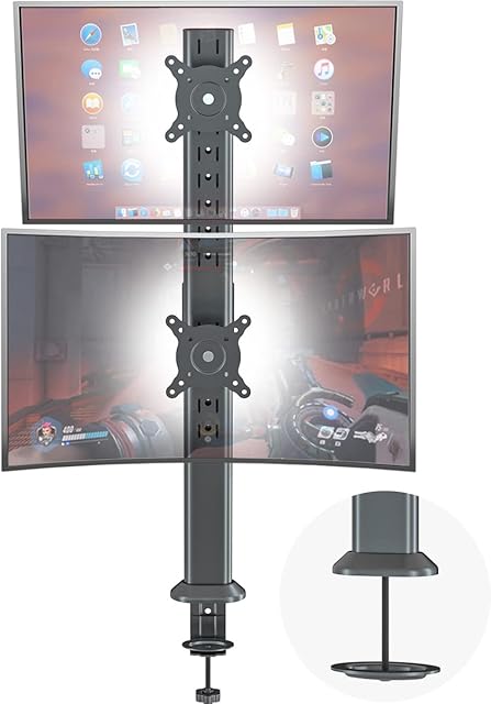HEMUDU Dual Monitor Articulating Desk Mount Arm Stand - Vertical Stack Screen Supports Two 13 to 32 Inch Computer Monitors with C Clamp