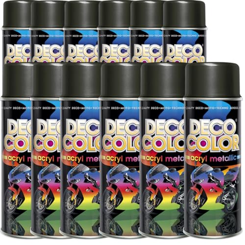 DECO COLOR 12er Sparpack Lackspray SCHWARZ 400ml - Sprühlack mit Effekt für z.B. KFZ, Fahrrad (12 Dosen Lackspray Schwarz mit Metallic-Effekt)