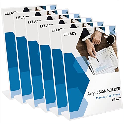 LELADY 6 Stück DIN A5 L-Ständer/Werbeaufsteller/Tischaufsteller schräg/Menükartenhalter für Speisekarten, Tischkarten, Fotorahmen & Werbung, Glasklar Acryl Cover