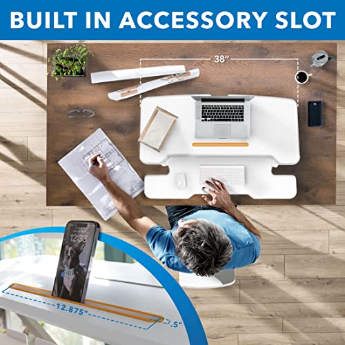 Image of Mount-It! Standing Desk Converter White 38 inch Wide Height Adjustable Stand Up Desk Riser, Desk Topper with Gas Spring, Desktop Standing Desk with Keyboard Tray Fits Two Monitors