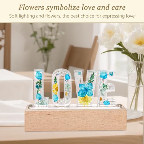 Image of Floral Letter LED Night Light: Resin Dried FlowerLetters Lamp with USB - Handmade Pressed Flower Nightlight Unique Customized Gift for Home Decoration (TP-Blue Flower, 1)