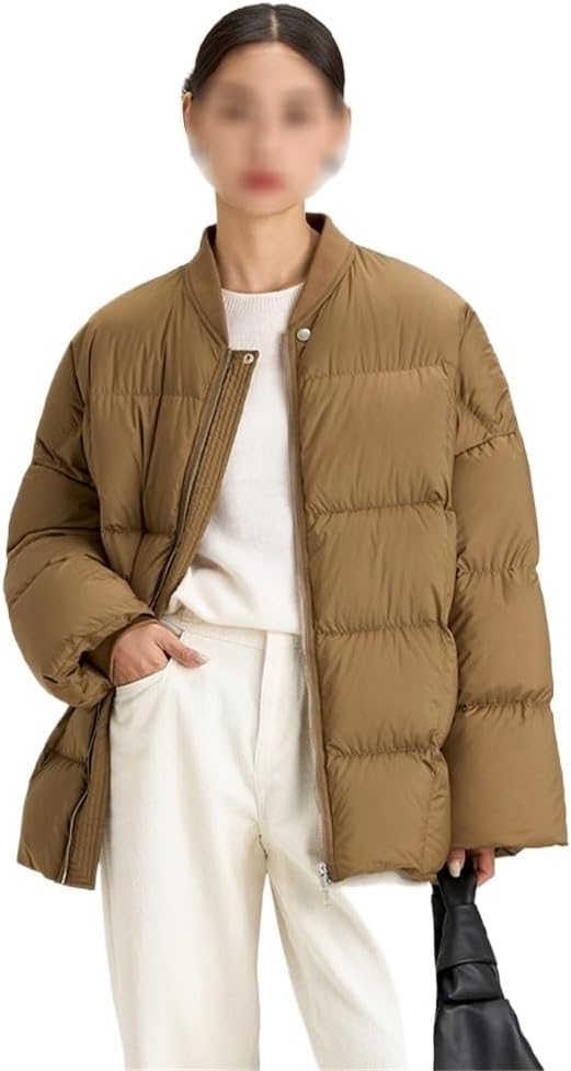 Womens White Goose Down Jacket Mid Length Baseball Jersey Warm and Thick Coat for Autumn and Winter