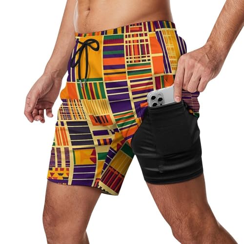 Kente Cloth Pattern Beach Shorts for Men Swim Trunks Quick Dry Swim Shorts with Compression Liner Pocket2