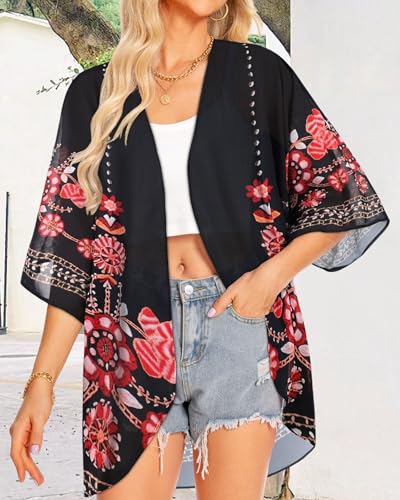 Image of Women Kimono Cardigans Casual Summer Tops Cover up Open Front Floral Print Resort Wear 2026