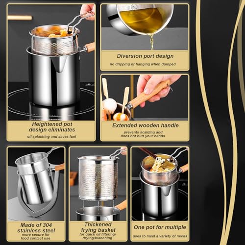 Frittierfiteus-Topf mit Korb und Zange gehandhabten Fritteuchsen-Edelstahl-Chip-Friteuse aus unbeschachten breiten Mund Nicht-Schlupf-Mehrzweck-Mini-Friteuse, Friteuse, Friteuse – Bild 6