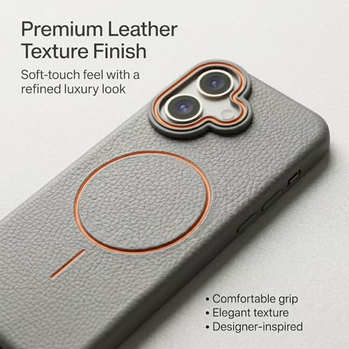 Image of amazon basics Luxury MagSafe Compatible Leather Texture Back Cover for iPhone 16 | Raised Camera Protection | Slim Fit Shockproof Case with Metallic Accents (Gray)
