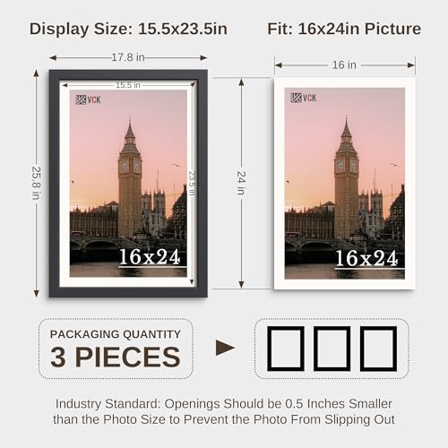 Image of VCK 16x24 Frame 3 Pack Solid Wood,Black 16 x 24 Picture Frame for Wall Mount,Vertical & Horizontal Hanging