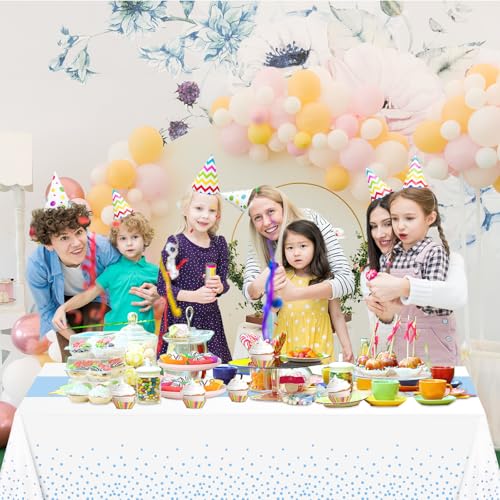 Image of WNINK 4 Pack White and Light Blue Tablecloths, Light Blue Disposable Plastic Waterproof Table Cover, 54 inch x 108 inch, for Birthday, Baby Shower,Wedding, Bridal Shower, Picnic Camping Parties