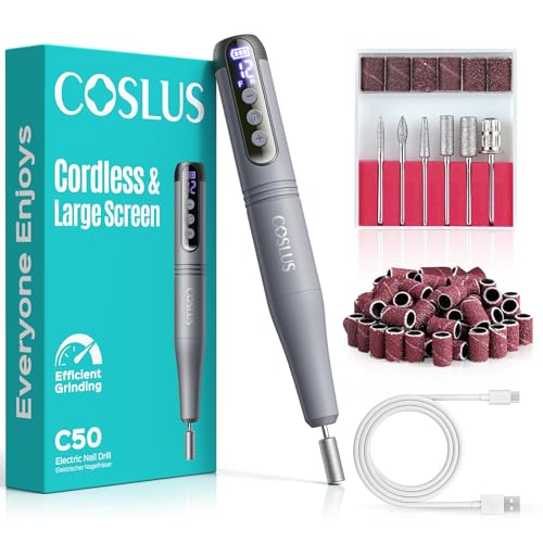 COSLUS C50 Nagelfräser Kabellose Elektrische Nagelfeile: 12-stufiger Nagelfräser mit LED-Display für Gelnägel, Acryl-Gel-Dip-Pulver-Entfernung, Nageldesign-Übung, Heim-DIY & Reisenutzung,Dunkelgrau