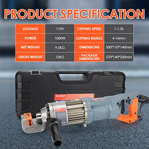 Image of 5 /8 inch Electric Hydraulic Rebar Cutter 1-1.5s Cutting Speed Portable Rebar Cutter Cutting Rebar 4-16mm 1000w 120v /60hz RC16A (Grey + Orange)