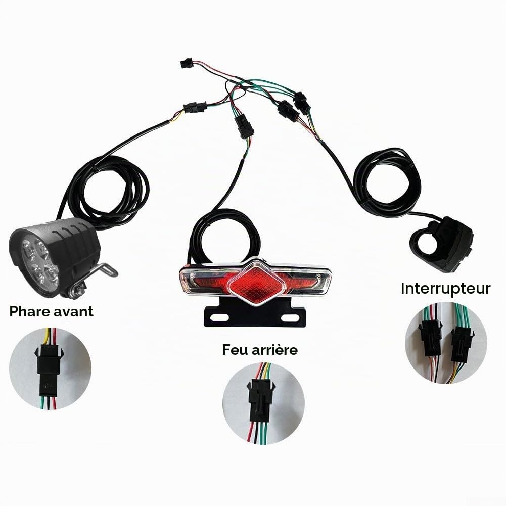 Ensemble Lumière Vélo, Phare de Vélo électrique avec Klaxon, Feu Arrière Vélo électrique avec Clignotant et Feu Stop, Eclairage Velo Avant et Arriere pour Bafang KT